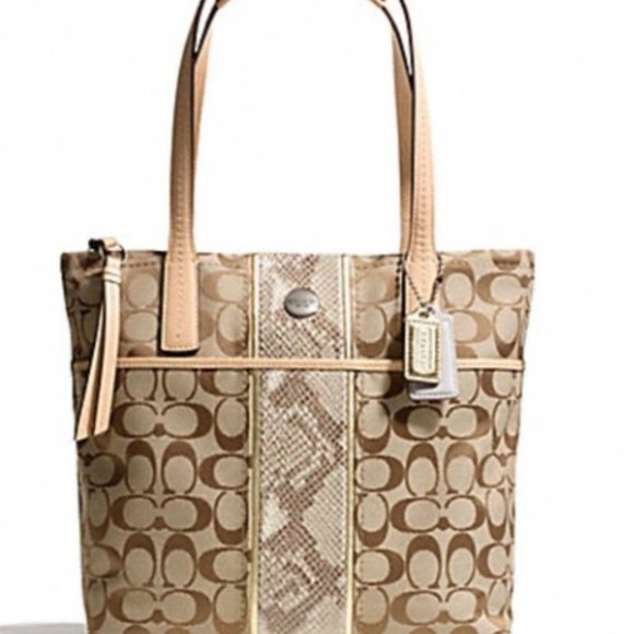 Coach Signature Python Stripe Tote Purse Bag Khaki/Natural ( new with tag) - Picture 1 of 9